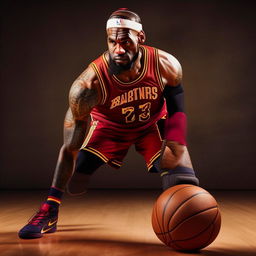 LeBron James intensely dribbling a textured brick instead of a traditional basketball