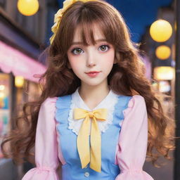 Anime styled girl radiating a cute ambiance. She has medium-length, wavy brown hair, bewitching pink eyes, and she's dressed in a charming outfit with a yellow and blue theme.