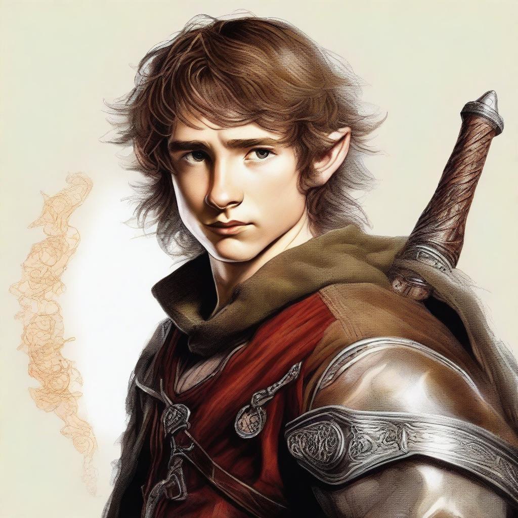 This high-quality digital art image presents a young male hobbit, bearded and brimming with youthful energy