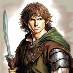 This high-quality digital art image presents a young male hobbit, bearded and brimming with youthful energy