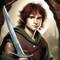 This high-quality digital art image presents a young male hobbit, bearded and brimming with youthful energy