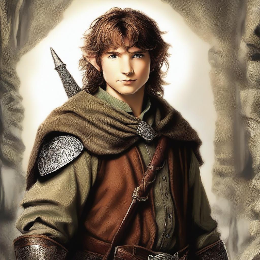 This high-quality digital art image presents a young male hobbit, bearded and brimming with youthful energy