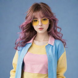 Anime-style girl with medium-length, wavy brown hair and pink streaks. She's dressed in a cute, casual outfit in shades of yellow and blue.