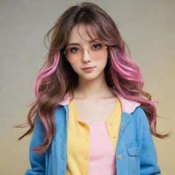 Anime-style girl with medium-length, wavy brown hair and pink streaks. She's dressed in a cute, casual outfit in shades of yellow and blue.