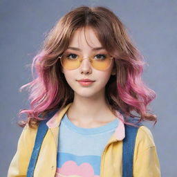 Anime-style girl with medium-length, wavy brown hair and pink streaks. She's dressed in a cute, casual outfit in shades of yellow and blue.