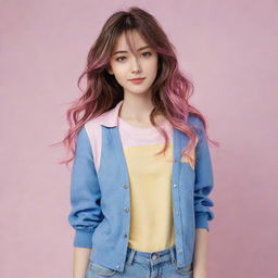 Anime-style girl with medium-length, wavy brown hair and pink streaks. She's dressed in a cute, casual outfit in shades of yellow and blue.