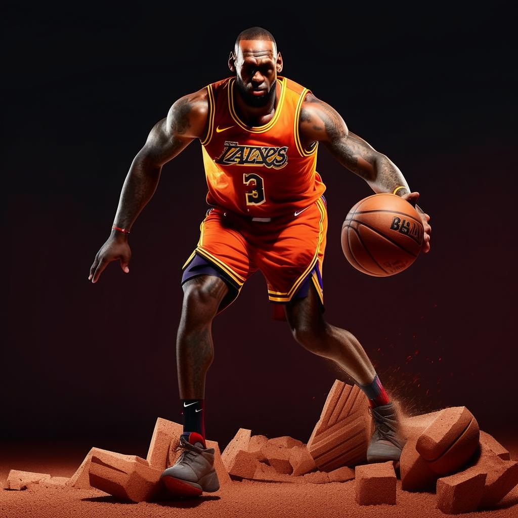 LeBron James intensely dribbling a textured brick instead of a traditional basketball