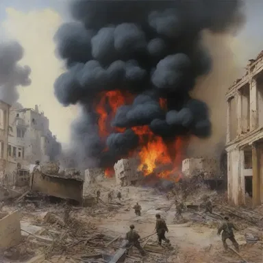 The artist depicted the chaos and destruction caused by military action in her painting.
