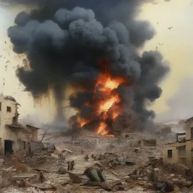 The artist depicted the chaos and destruction caused by military action in her painting.