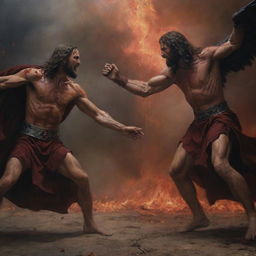 A cinematic hyperrealistic painting of a battle between Jesus Christ and Satan