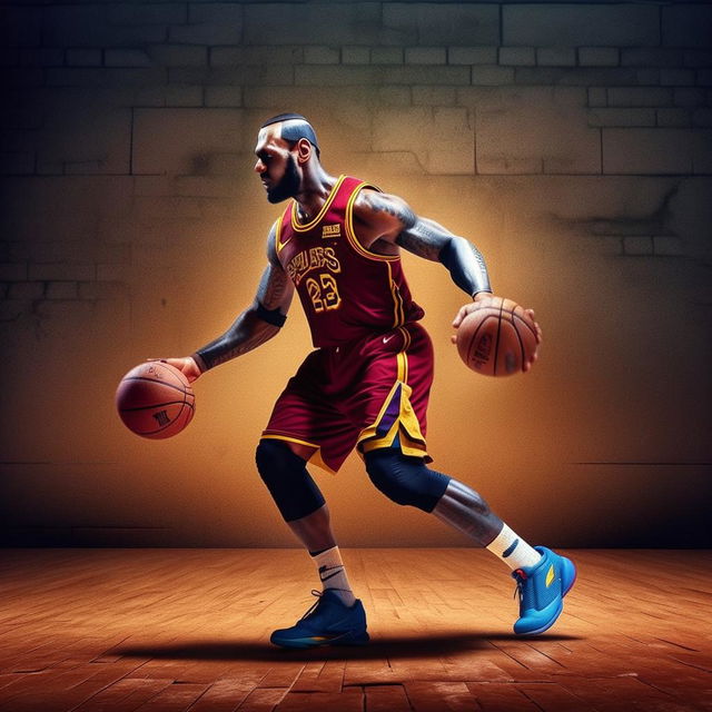 LeBron James now intensely dribbling a textured brick instead of the previously depicted basketball