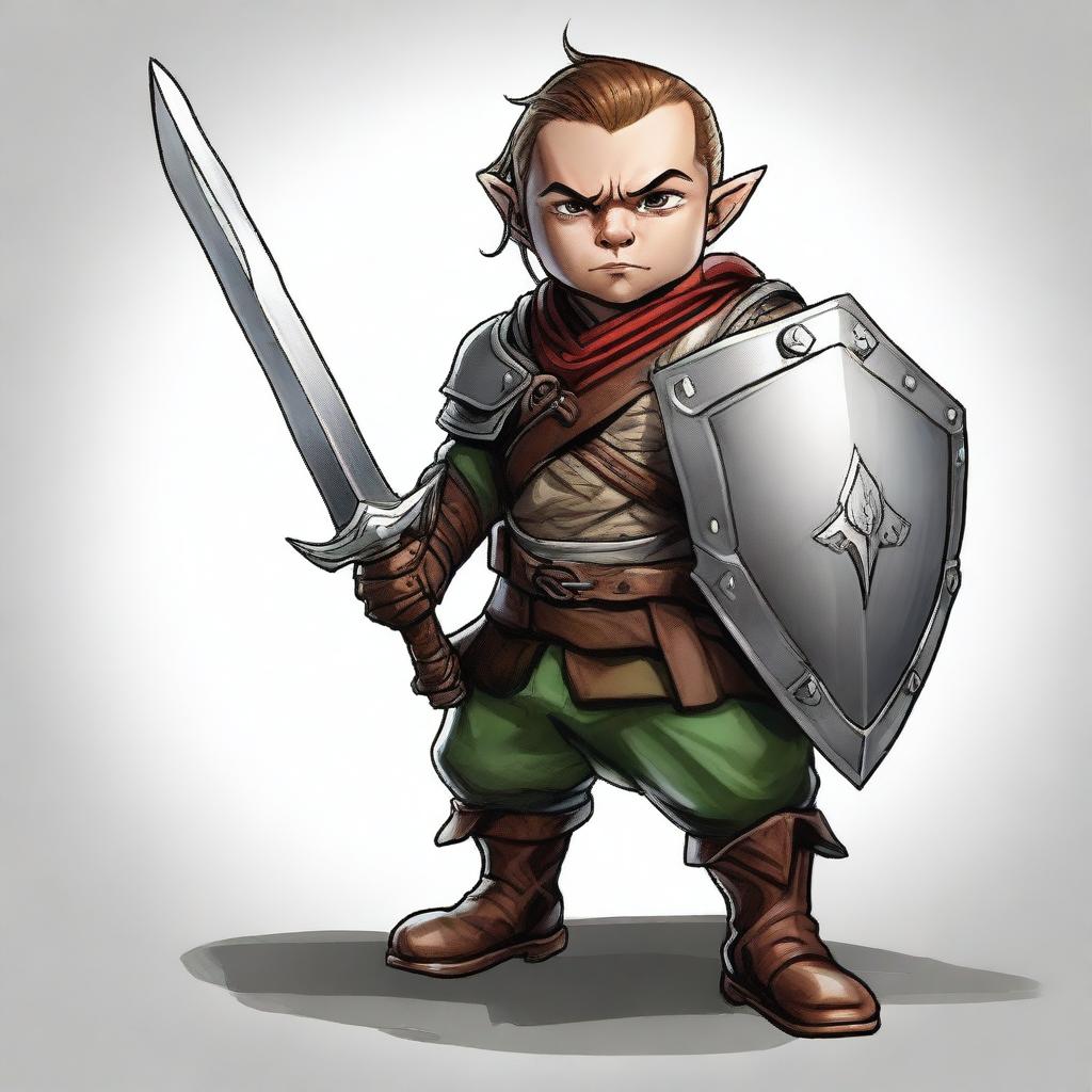 This is a high-quality digital art image featuring a male halfling fighter from the D&D fantasy universe