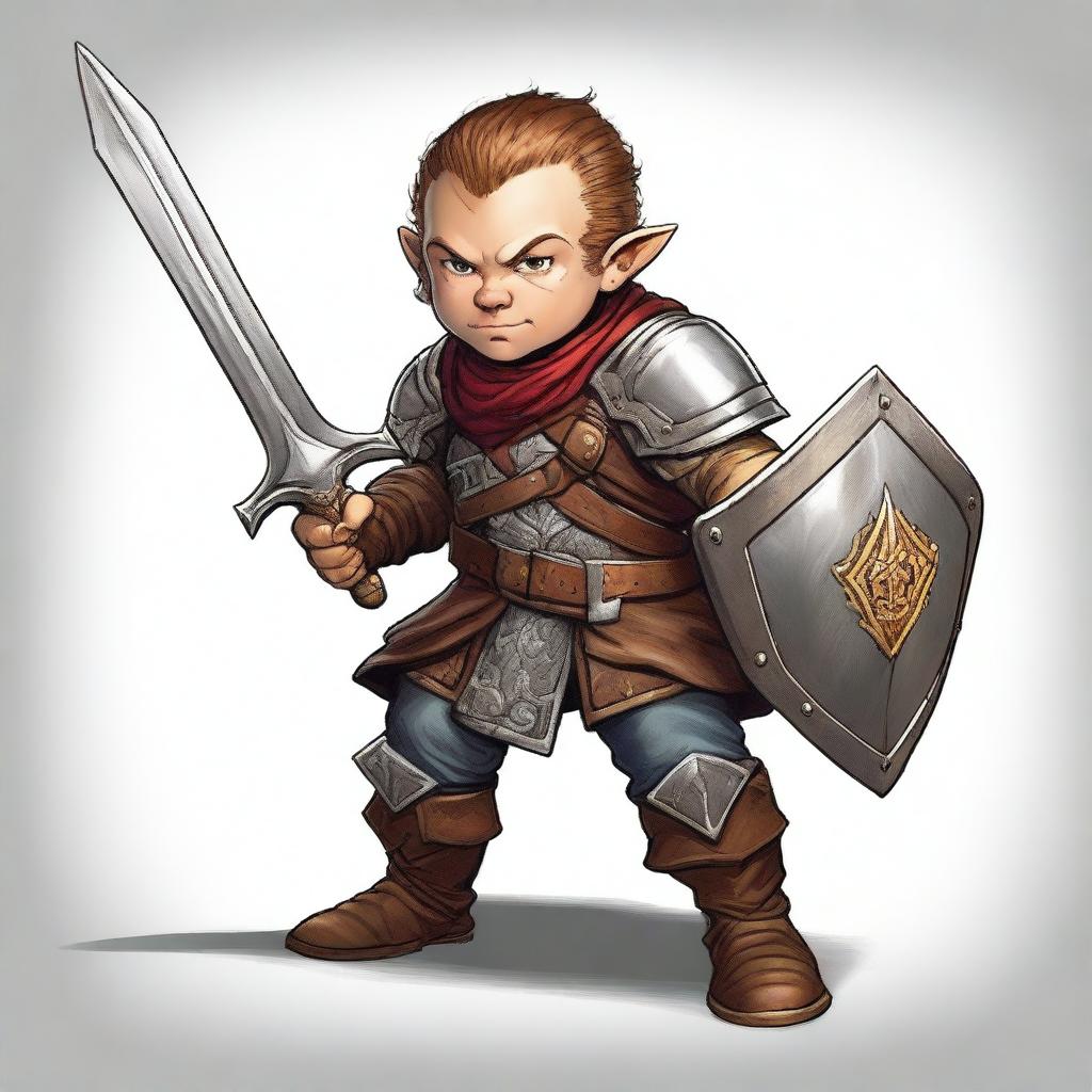 This is a high-quality digital art image featuring a male halfling fighter from the D&D fantasy universe