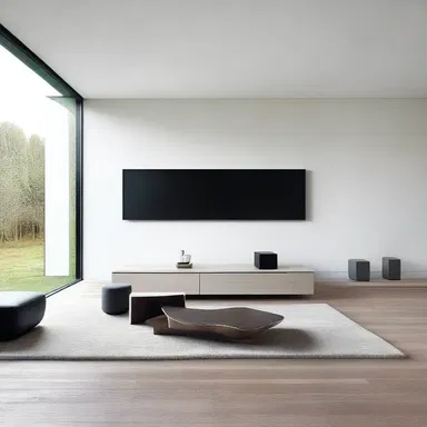 The monophonic sound system is integrated seamlessly into the minimalist design of the modern house.