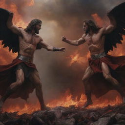 A cinematic hyperrealistic painting of a battle between Jesus Christ and Satan