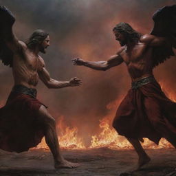 A cinematic hyperrealistic painting of a battle between Jesus Christ and Satan