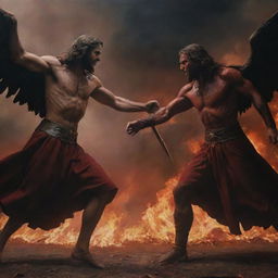 A cinematic hyperrealistic painting of a battle between Jesus Christ and Satan