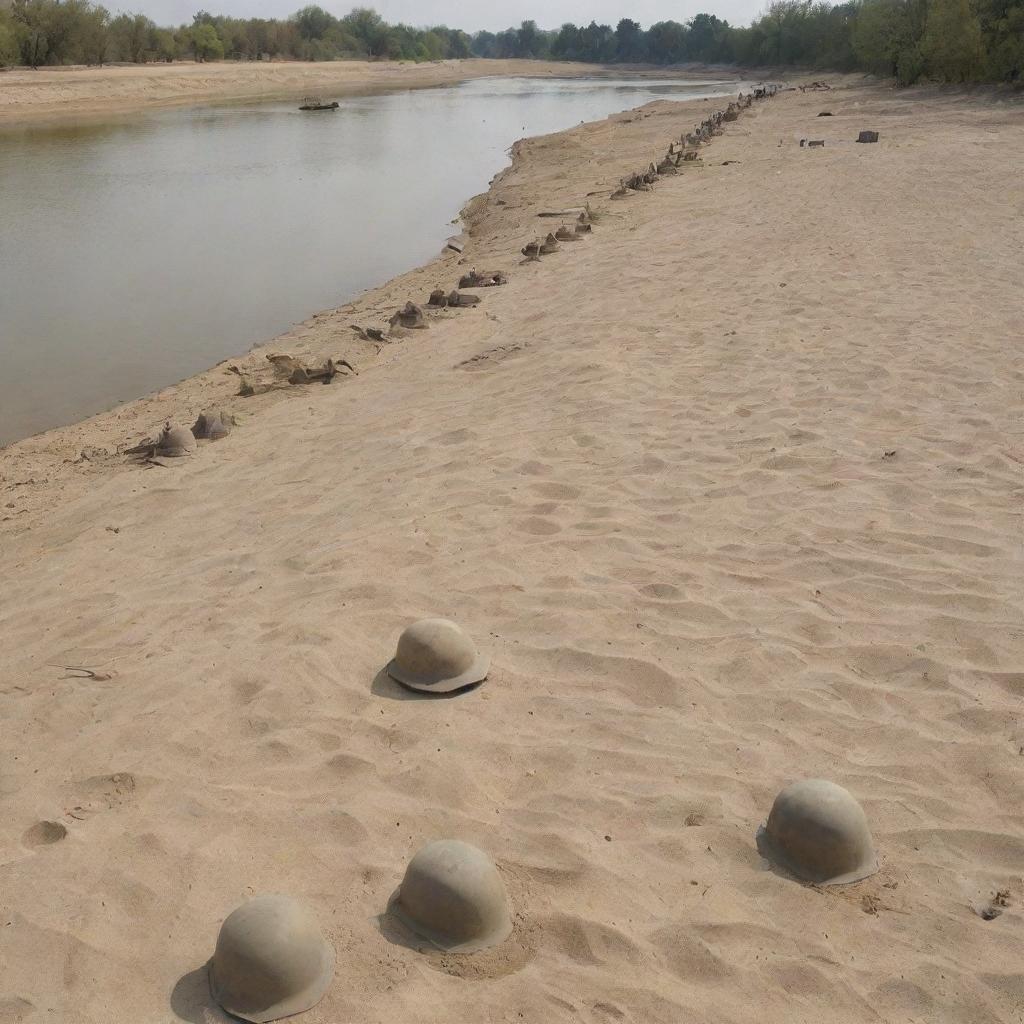 A respectful and solemn image of a battlefield by a river, with symbolic representations such as empty helmets and rifles in sand to signify the fallen soldiers.