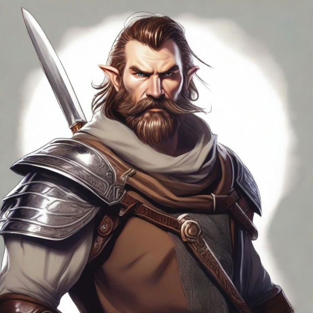 This is a high-quality digital art image showcasing a bearded male hobbit warrior from the D&D universe