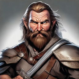 This is a high-quality digital art image showcasing a bearded male hobbit warrior from the D&D universe