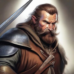 This is a high-quality digital art image showcasing a bearded male hobbit warrior from the D&D universe