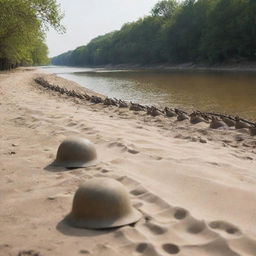 A respectful and solemn image of a battlefield by a river, with symbolic representations such as empty helmets and rifles in sand to signify the fallen soldiers.