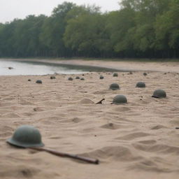 A respectful and solemn image of a battlefield by a river, with symbolic representations such as empty helmets and rifles in sand to signify the fallen soldiers.