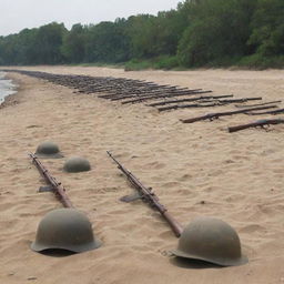 A respectful and solemn image of a battlefield by a river, with symbolic representations such as empty helmets and rifles in sand to signify the fallen soldiers.