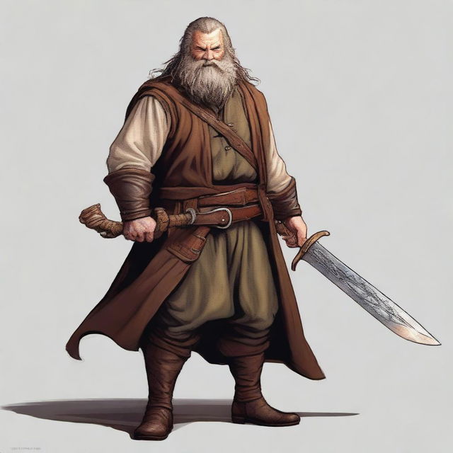 This is a high-quality digital art image of a bearded male hobbit warrior from the D&D universe