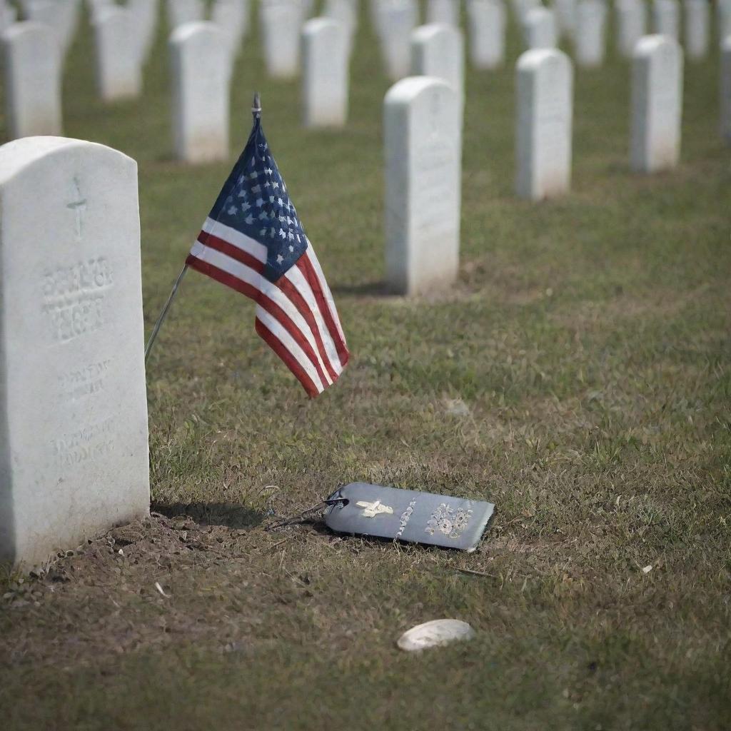 A sorrowful, poignant image capturing the grave and solitary uniform or dog tags of a fallen soldier, representing the ultimate sacrifice for the nation.