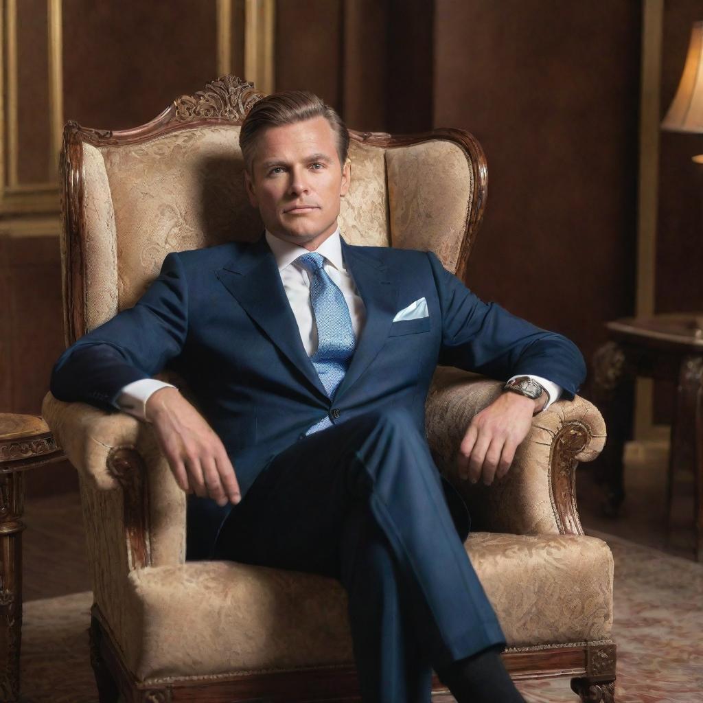 A well-dressed, affluent businessman lounging in a luxurious chair, surrounded by an opulent setting suggestive of wealth and success, with a confident expression on his face