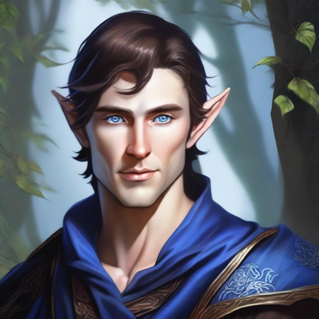 This is an exquisite digital art image, showcasing a handsome male elf in the artistic style of Dungeons and Dragons