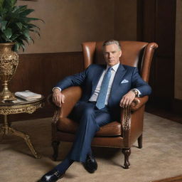 A well-dressed, affluent businessman lounging in a luxurious chair, surrounded by an opulent setting suggestive of wealth and success, with a confident expression on his face