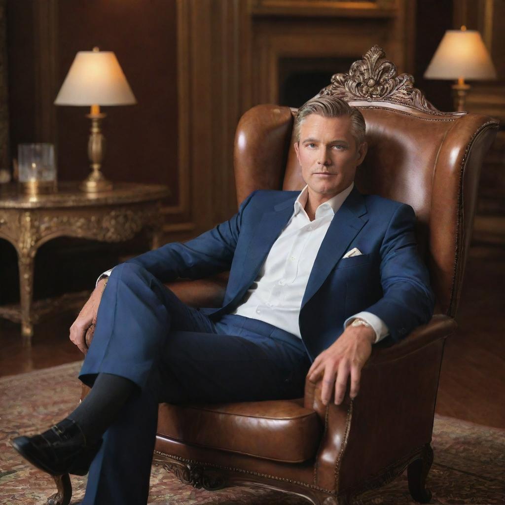 A well-dressed, affluent businessman lounging in a luxurious chair, surrounded by an opulent setting suggestive of wealth and success, with a confident expression on his face