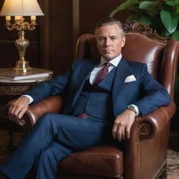 A well-dressed, affluent businessman lounging in a luxurious chair, surrounded by an opulent setting suggestive of wealth and success, with a confident expression on his face