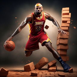 LeBron James now intensely dribbling a textured brick instead of the previously depicted basketball