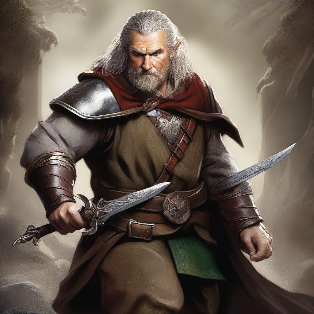 This is a top-quality digital art image featuring a male hobbit warrior from the D&D universe