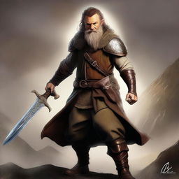 This is a top-quality digital art image featuring a male hobbit warrior from the D&D universe