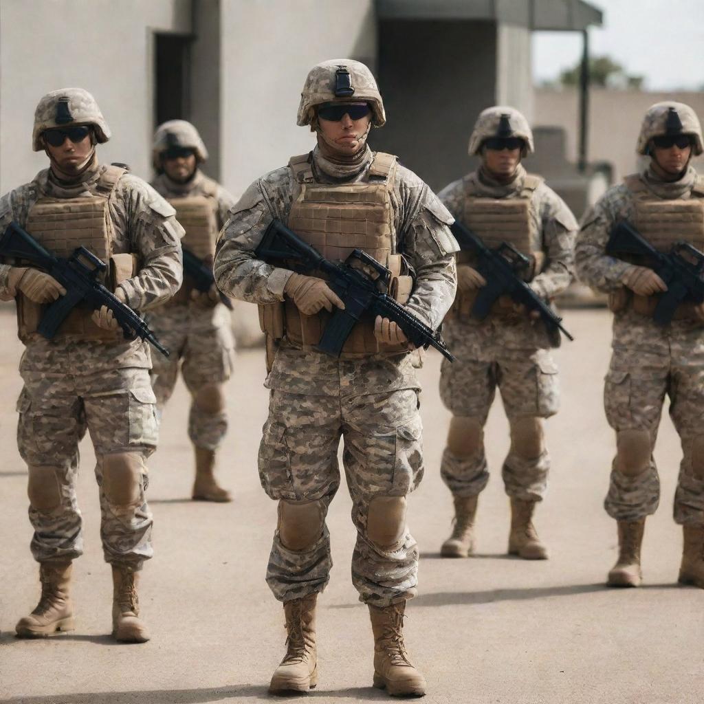 A group of soldier-standing strong and ready in their full, immaculate military gear, forming a powerful and disciplined unit.