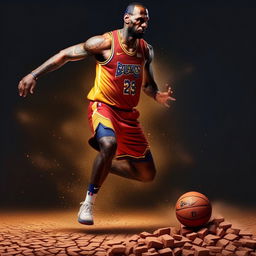 LeBron James now intensely dribbling a textured brick instead of the previously depicted basketball