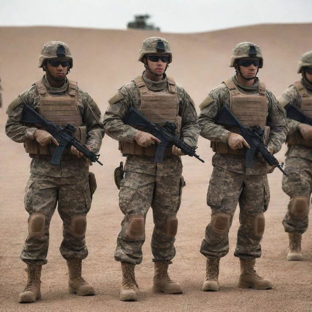 A group of soldier-standing strong and ready in their full, immaculate military gear, forming a powerful and disciplined unit.