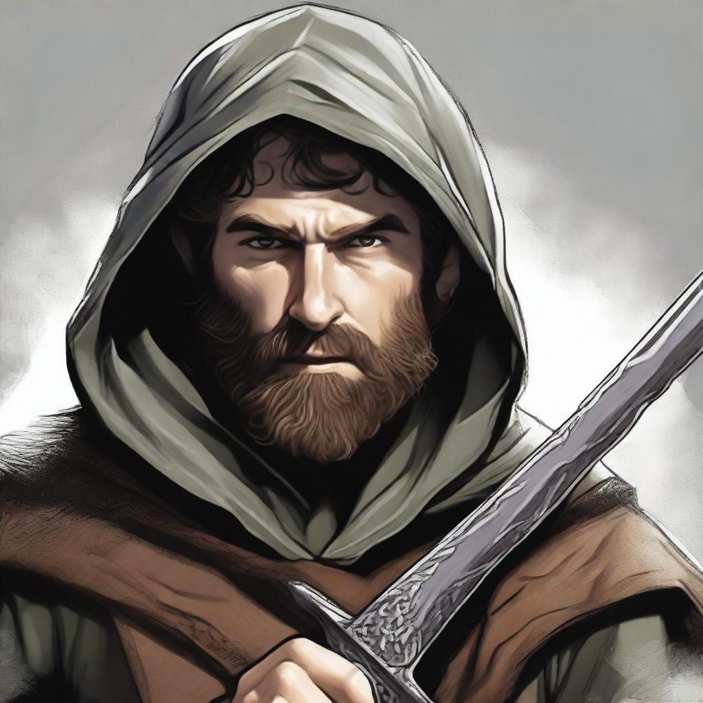 The image is a high-quality digital art piece featuring a bearded hobbit ranger