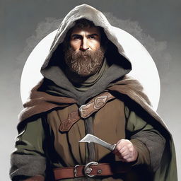 The image is a high-quality digital art piece featuring a bearded hobbit ranger