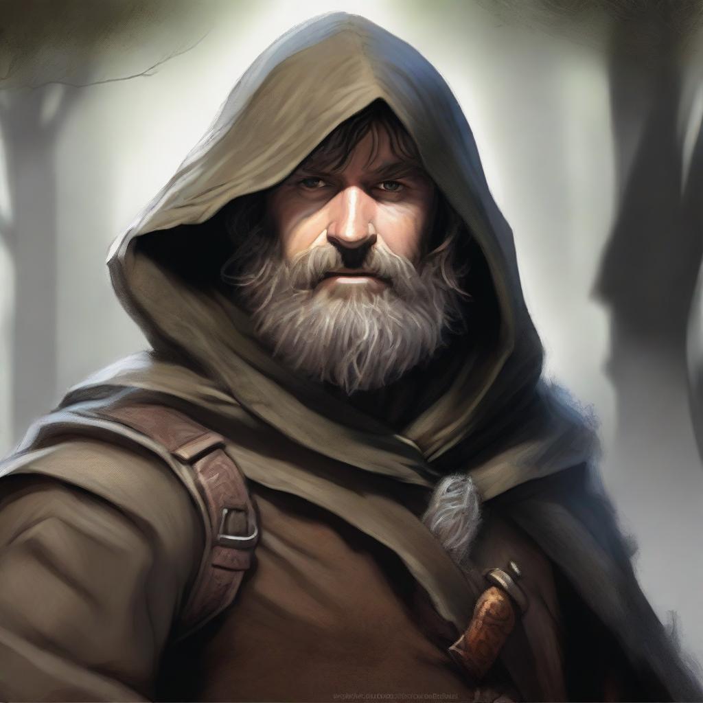 The image is a high-quality digital art piece featuring a bearded hobbit ranger