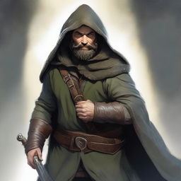 The image is a high-quality digital art piece featuring a bearded hobbit ranger