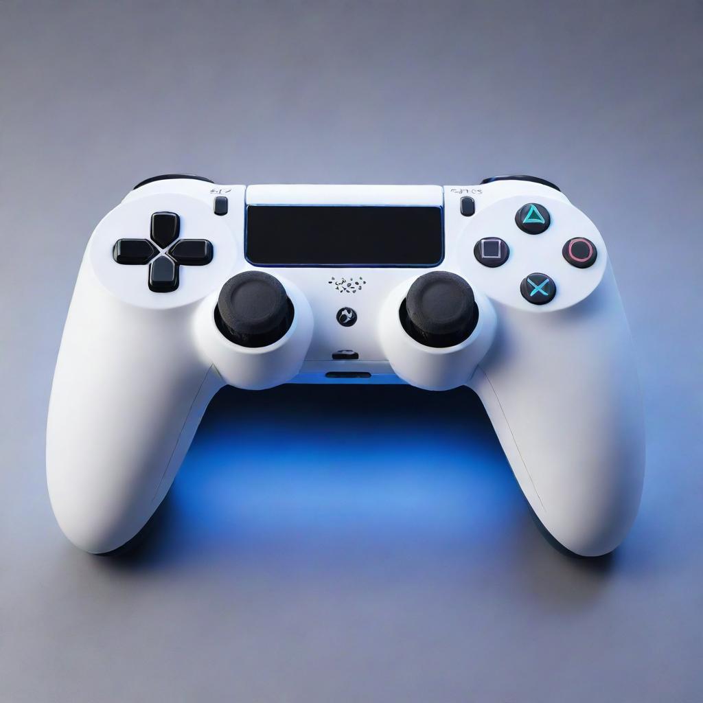 A sleek, futuristic game console with a stylish design reminiscent of the Playstation style, boldly labeled 'PS6'. Bright lights emanate from its surface, highlighting its cutting-edge features and impressive capabilities.