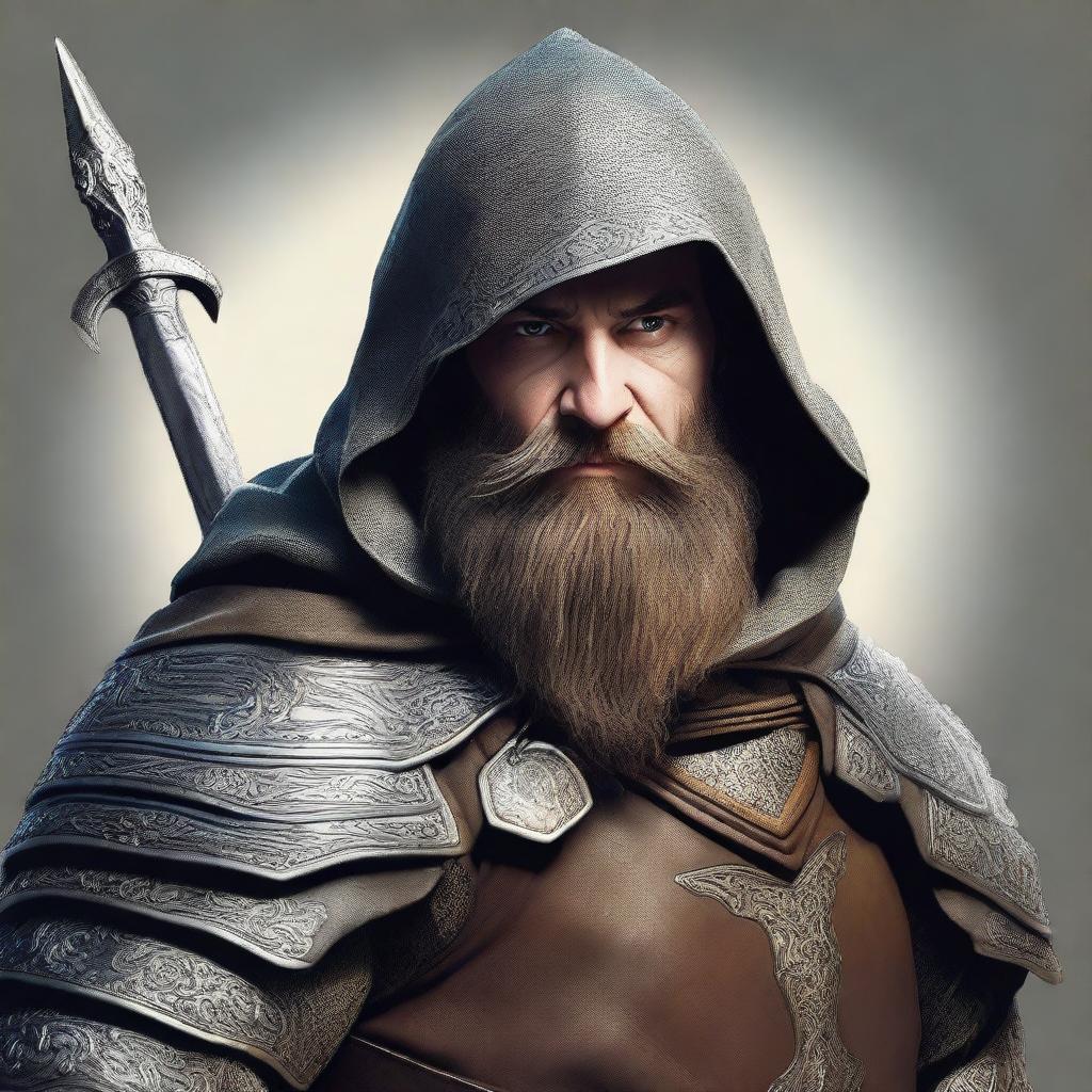 This is a high-quality digital art image depicting a bearded hobbit knight