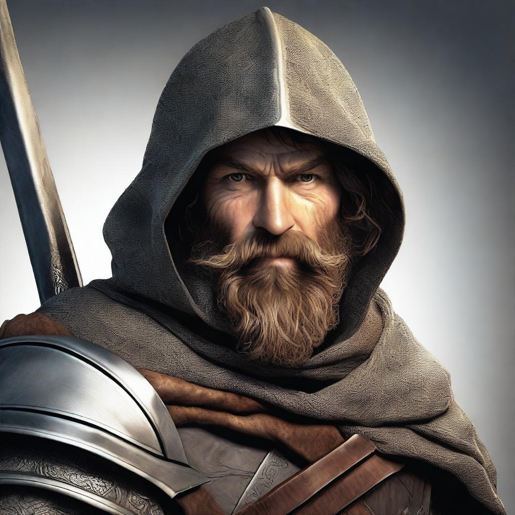 This is a high-quality digital art image depicting a bearded hobbit knight