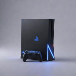 A sleek, futuristic game console with a stylish design reminiscent of the Playstation style, boldly labeled 'PS6'. Bright lights emanate from its surface, highlighting its cutting-edge features and impressive capabilities.