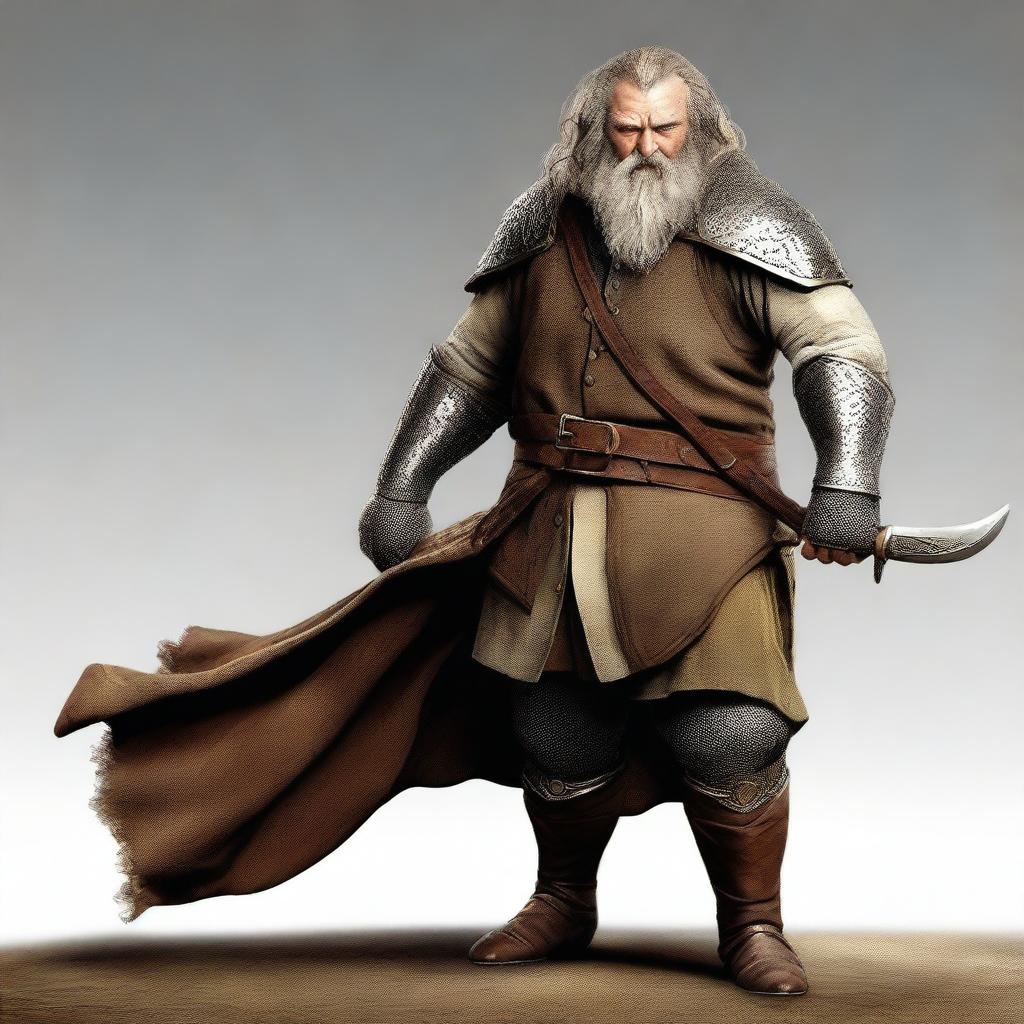 This is a high-resolution digital art image featuring a bearded hobbit knight